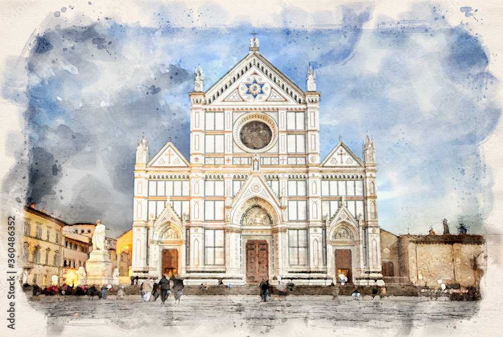 The Basilica di Santa Croce (Basilica of the Holy Cross) - famous Franciscan church in Florence, Italy. Watercolor style illustration