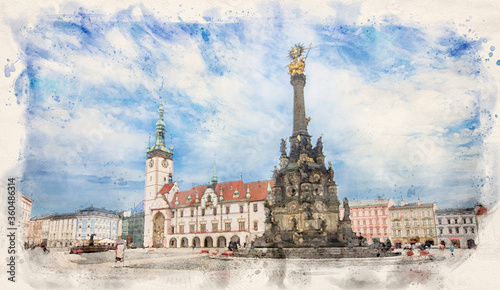 Panorama of Olomouc, Czech Republic. Watercolor style illustration © mitzo_bs