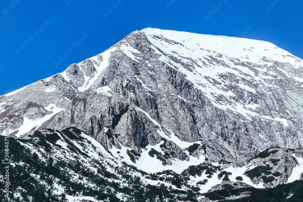 Bulgaria, Pirin range, Vihren mountain, hiking peak point, blue sky background.