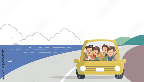 夏に海辺をドライブする楽しそうな4人家族