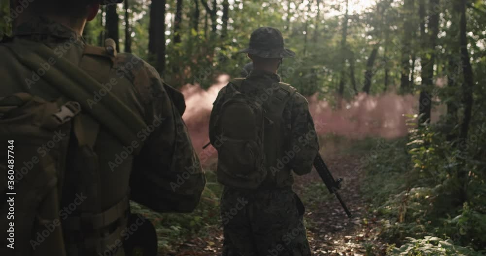 Soldiers in the smoke moving in battle operation through dense forest Soldiers in the smoke moving in battle operation through dense forest