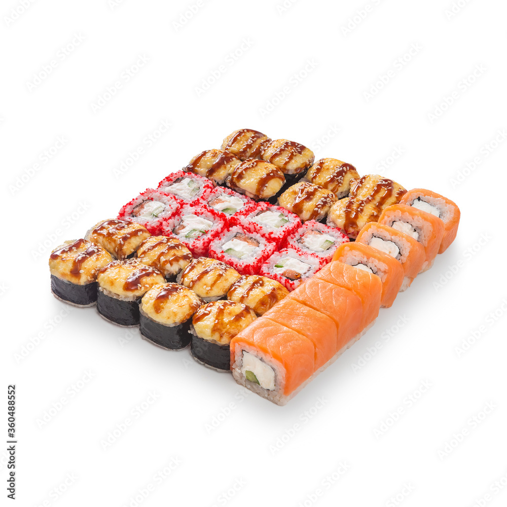 Japanese cuisine. Seafood, vegetables and meat. Sushi and rolls big set isolation on a white background