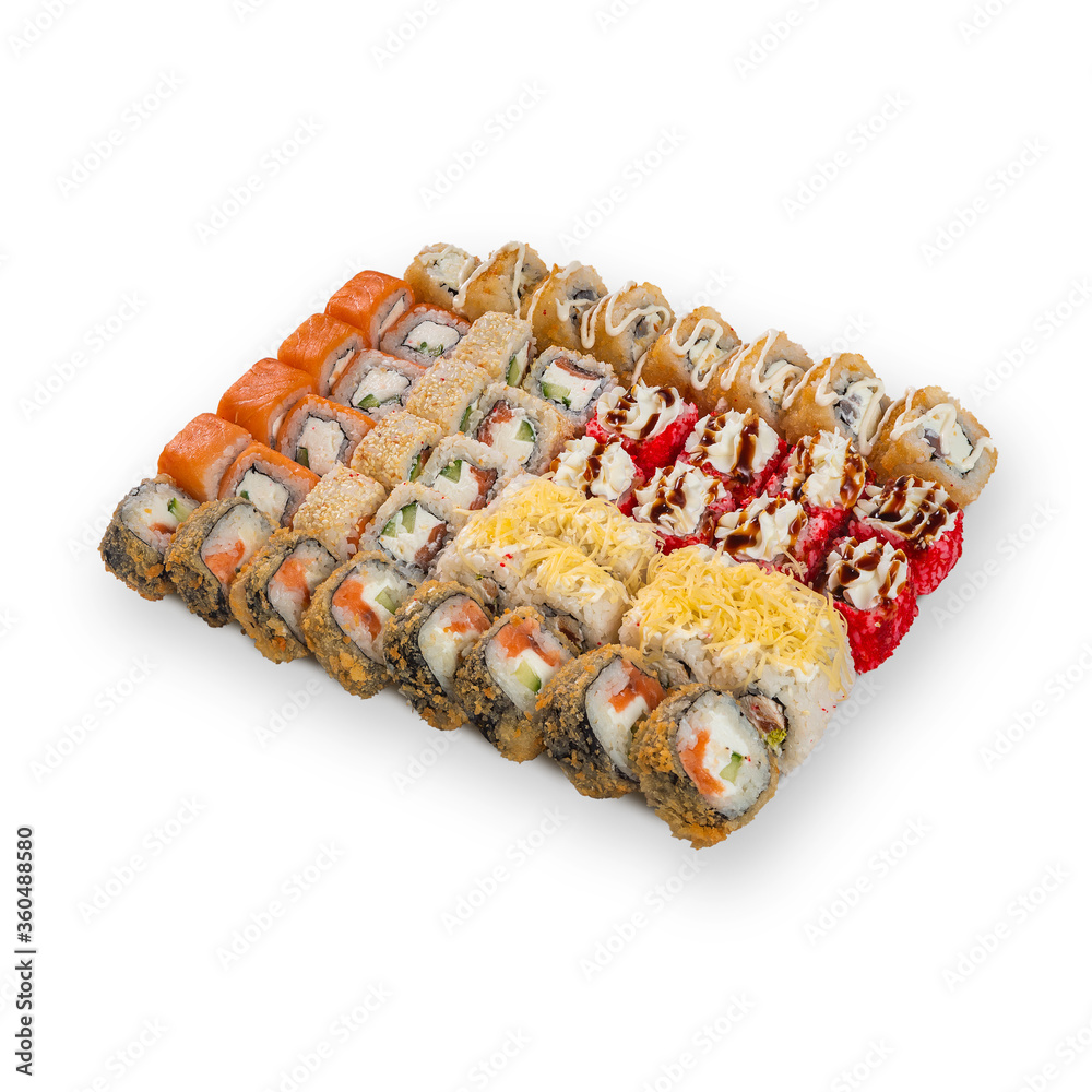 Japanese cuisine. Seafood, vegetables and meat. Sushi and rolls big set isolation on a white background