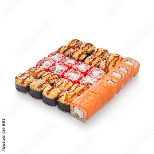 Obraz na płótnie Japanese cuisine. Seafood, vegetables and meat. Sushi and rolls big set isolation on a white background w salonie