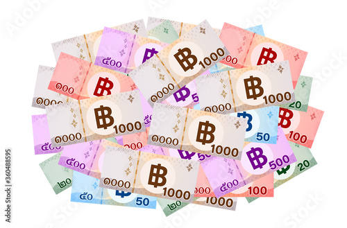 pile banknote money thai baht isolated on white, money 1000, 500, 100, 50, 20 baht in top view, thai currency THB, paper money for banner background, business finance concept