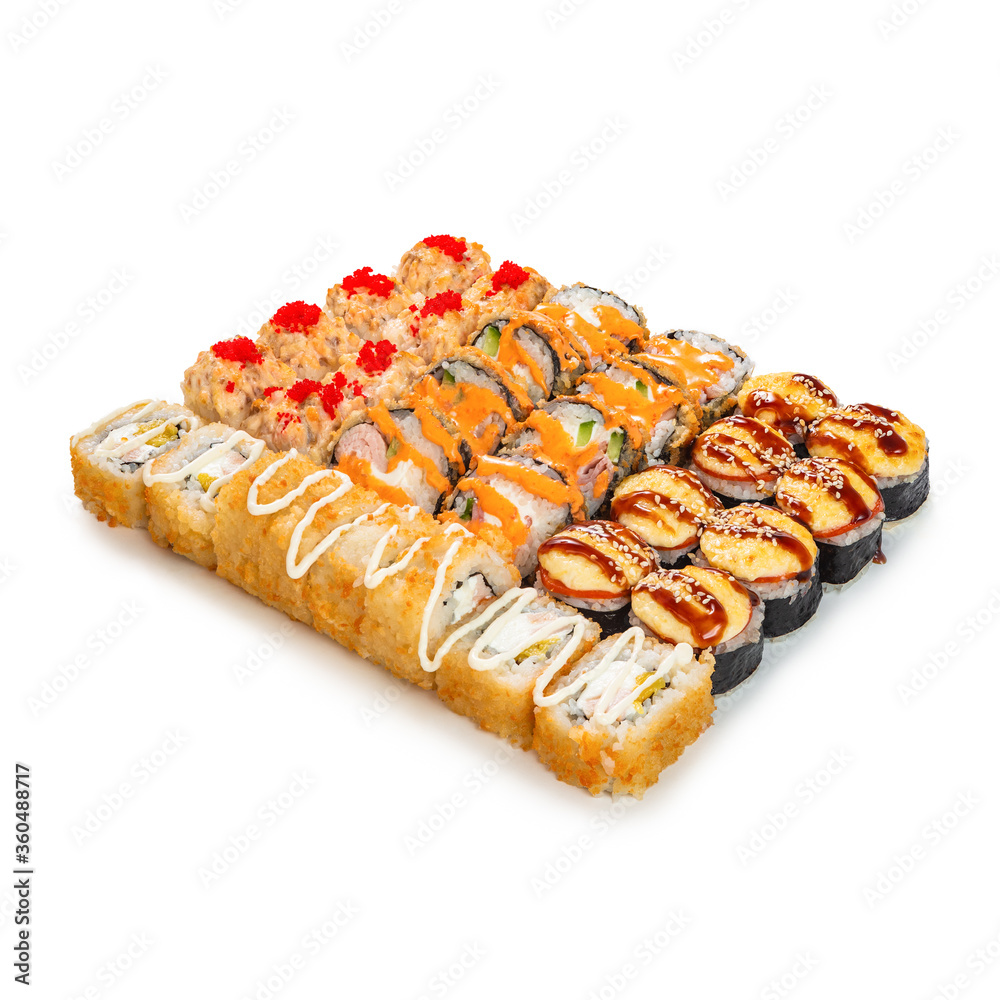 Japanese cuisine. Seafood, vegetables and meat. Sushi and rolls big set isolation on a white background