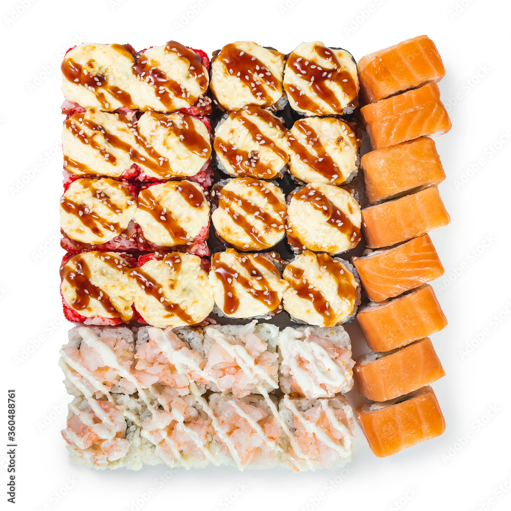 Japanese cuisine. Seafood, vegetables and meat. Sushi and rolls big set isolation on a white background