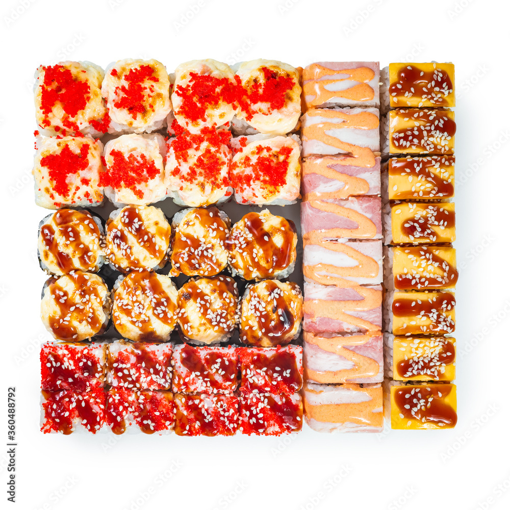 Japanese cuisine. Seafood, vegetables and meat. Sushi and rolls big set isolation on a white background