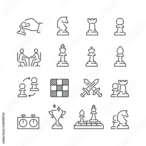 Chess related icons: thin vector icon set, black and white kit