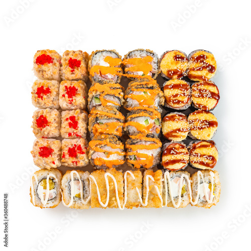 Obraz na płótnie Japanese cuisine. Seafood, vegetables and meat. Sushi and rolls big set isolation on a white background w salonie