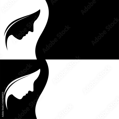 Girl face silhouette. Female beauty. Black and white banner with place for text. Two options. Vector illustration.