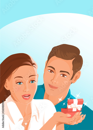 The young man gave the girl a present. In the opened box is something precious. This is a pleasant surprise for her. Vector illustration with place for text. Vertical poster.