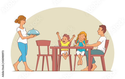 Happy family with two children gathered at the table for lunch. Mother carries a cooked dish. Father, son and daughter are looking forward, very hungry. Vector illustration.
