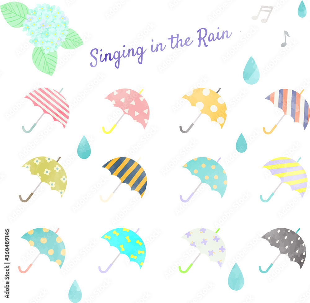 水彩風　かわいい傘のイラスト　いろんな模様の傘