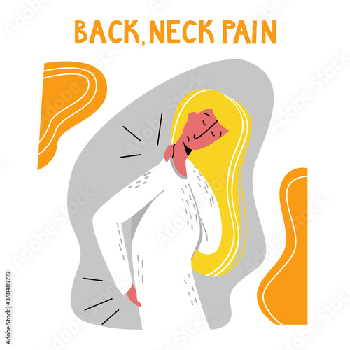 Vector flat illustration young woman holding her hands around her neck and waist. Concept of pain in neck, back, spine, muscle spasm.