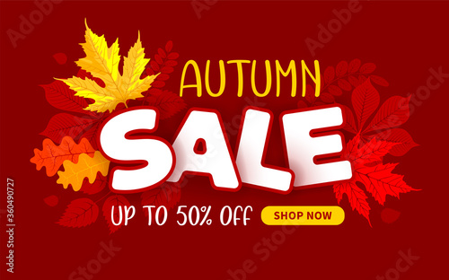 Advertising banner about autumn sale. Expressive lettering, bright autumn falling leaves and button for shop now on dark red background. Cartoon style. Vector illustration.