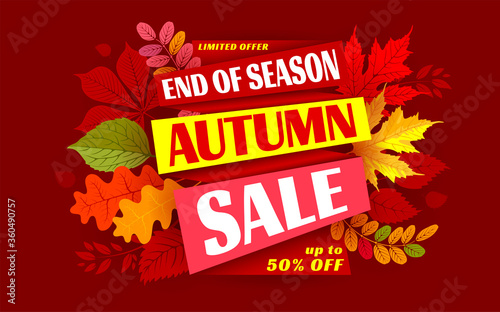 Advertising banner about Autumn Sale at the end of season with bright fall leaves. Invitation for shopping with 50 percent off. Trendy style, dark red background. Vector illustration. 