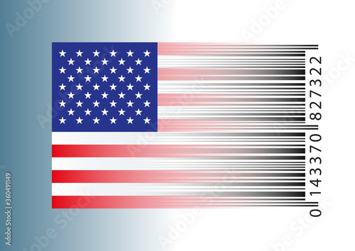 Concept de la politique économique américaine et de la mondialisation avec comme symbole, le drapeau des États-Unis qui se transforme en code barre.