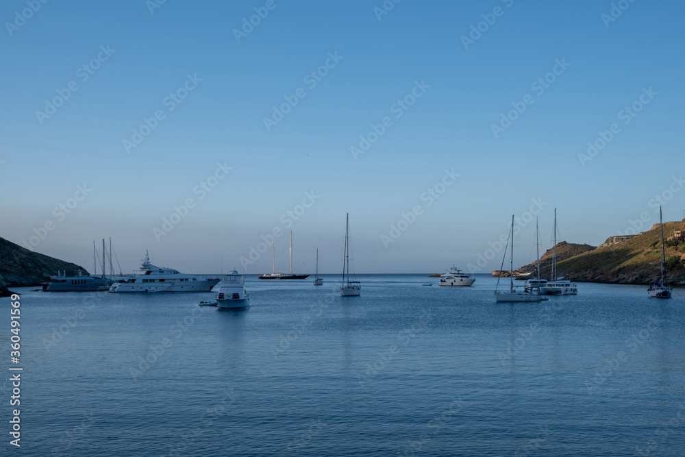 Greece, Tzia Kea island. Many yachts anchored in Otzias bay,
