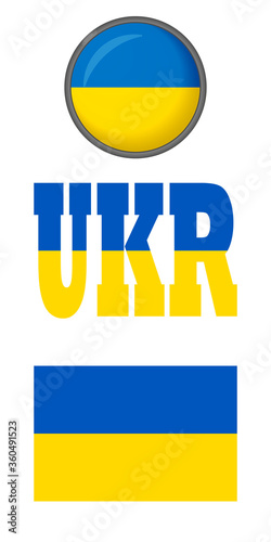 Set of icons of the flag of Ukraine on a white background. Vector image: flag, button and abbreviation of the Ukrainian flag. It can be used for a website, print brochures, booklets.