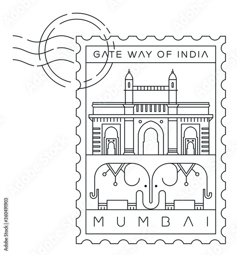 Gate way of india stamp, minimal linear vector illustration and typography design, Mumbai, india