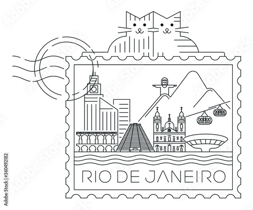 Rio de janeiro skyline stamp  minimal linear vector illustration and typography design  Brazil 