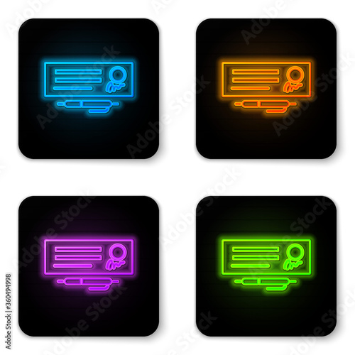 Glowing neon Blank template of the bank check and pen icon isolated on white background. Checkbook cheque page with empty fields to fill. Black square button. Vector Illustration.