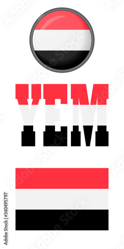 The flag of Yemen icon is set on a white background. Vector image: flag of Yemen, the button and the abbreviation.You can use it to create a website, print brochures, booklets, flyers, or a  guidebook