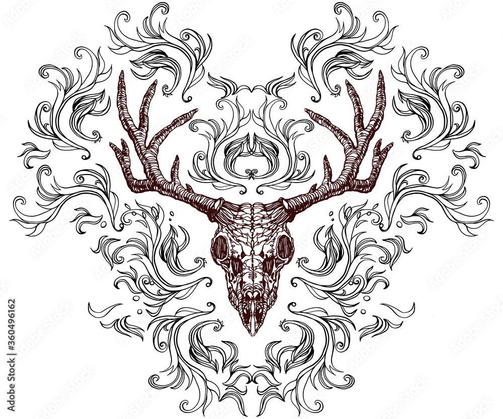Realistic detailed hand drawn illustration of an old animal deer skull with big horns and abstract background. Graphic tattoo style image on occult theme. Design for t-shirt print.