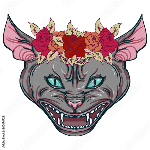 Realistic detailed hand drawn illustration of angry roaring sphinx cat head with roses wreath. Graphic tattoo style image. T-shirt print.