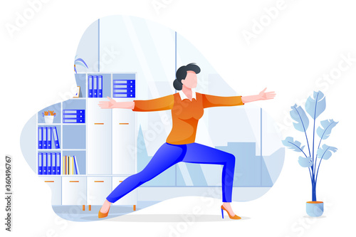 Businesswoman stands in warrior pose virabhadrasana. Office yoga break. Vector illustration. Relaxing time at work