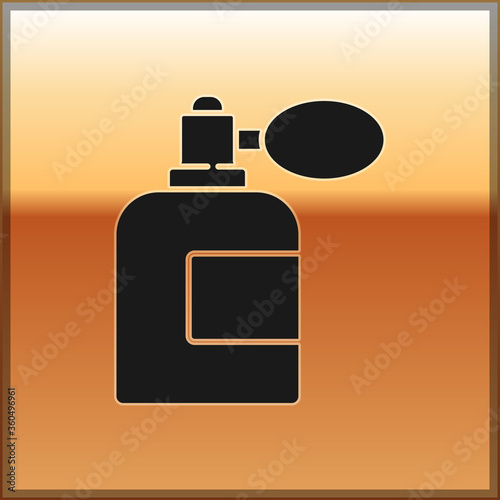 Black Aftershave bottle with atomizer icon isolated on gold background. Cologne spray icon. Male perfume bottle. Vector Illustration.