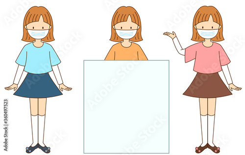 Girls wear mask to tell people stay safe and healthy, protect yourself and family. Character set. 