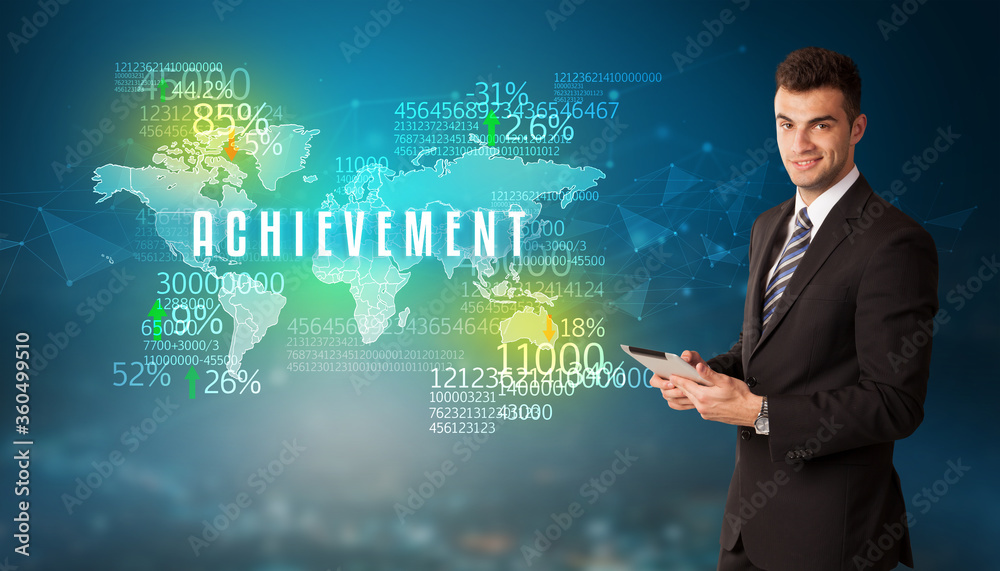 Businessman in front of a decision with ACHIEVEMENT inscription, business concept Businessman in front of a decision with ACHIEVEMENT inscription, business concept