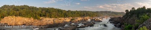 Panoramic View of Great Falls Park River of Rushing Water with Golden Morning Light and Blue Sky
