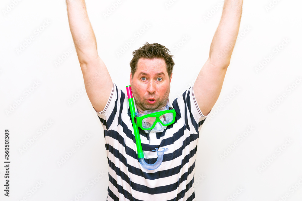 Crazy man winner raise fists palms scream goggles breathing tube style stylish trendy striped t shirt white background Crazy man winner raise fists palms scream goggles breathing tube style stylish trendy striped t shirt white background