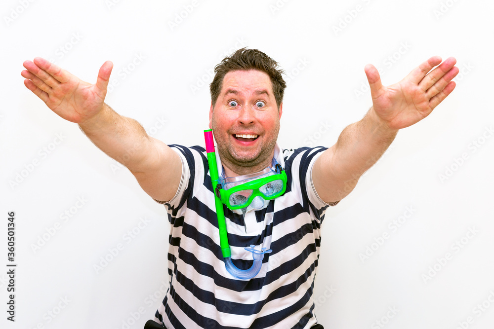 Crazy man winner raise fists palms scream goggles breathing tube style stylish trendy striped t shirt white background