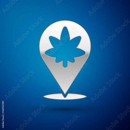 Silver Map pointer and marijuana or cannabis leaf icon isolated on blue background. Hemp symbol. Vector Illustration.