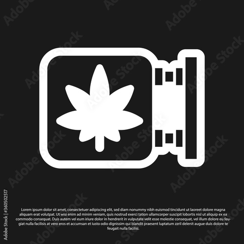 Black Marijuana and cannabis store icon isolated on black background. Equipment and accessories for smoking, storing medical cannabis. Vector Illustration.