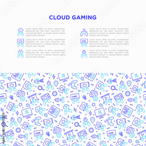 Cloud gaming concept with thin line icons: play on laptop, 120 FPS, low-latency gameplay, gamepad, wi-fi, live streaming, game controller, 5G technology. Vector illustration, template with copy space.