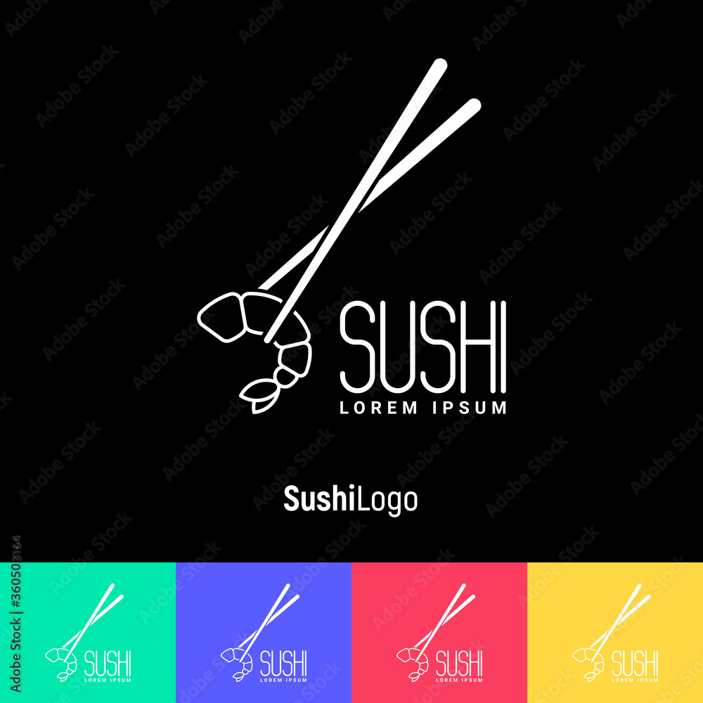 Logo with shrimp and chopsticks for sushi bar, cafe, restaurant. Thin line vector illustration. Logo with shrimp and chopsticks for sushi bar, cafe, restaurant. Thin line vector illustration.