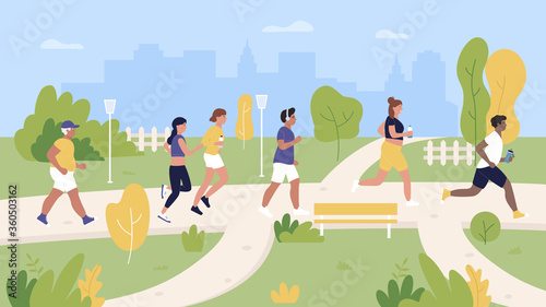 People runners jogging in city park vector illustration. Cartoon flat woman man jogger characters take part in marathon, training and running. Cityscape with outdoor summer sport activity background