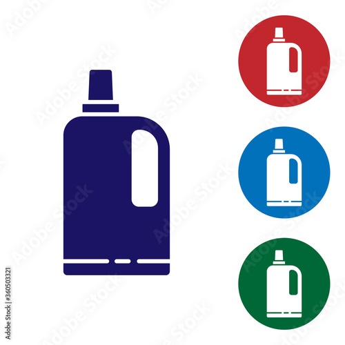 Blue Fabric softener icon isolated on white background. Liquid laundry detergent, conditioner, cleaning agent, bleach. Set icons in color square buttons. Vector Illustration.