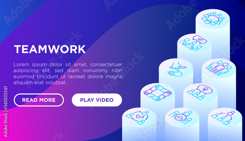 Teamwork web page template with thin line isometric icons: relay race, brainstorm, success, meeting, idea share, collaboration, unity, support, delegation, bonus. Modern vector illustration.