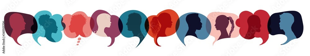 Speech bubble with multiethnic people. Communication and social network concept. Communicate and talk between group of diversity people. Community. Online sharing. Colored clouds. Speak Speech bubble with multiethnic people. Communication and social network concept. Communicate and talk between group of diversity people. Community. Online sharing. Colored clouds. Speak