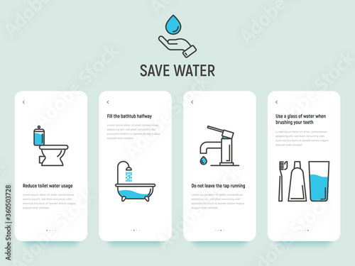 Save water concept: reduce toilet water, fill bathtub halfway, do not leave running tap and brushing teeth economy usage. Thin line vector illustration, template with copy space.