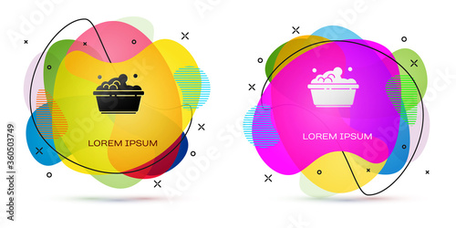 Color Plastic basin with soap suds icon isolated on white background. Bowl with water. Washing clothes, cleaning equipment. Abstract banner with liquid shapes. Vector Illustration.