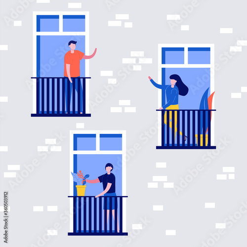 People living behavior, neighborhood concept. People stand on balconies and look out of windows. Building exterior or facade with man, woman and children inside apartments. Flat style illustration