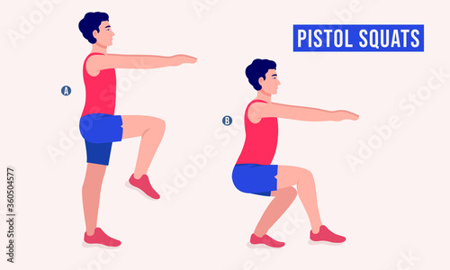 Men doing PISTOL SQUATS exercise, Men workout fitness, aerobic and exercises. Vector Illustration.