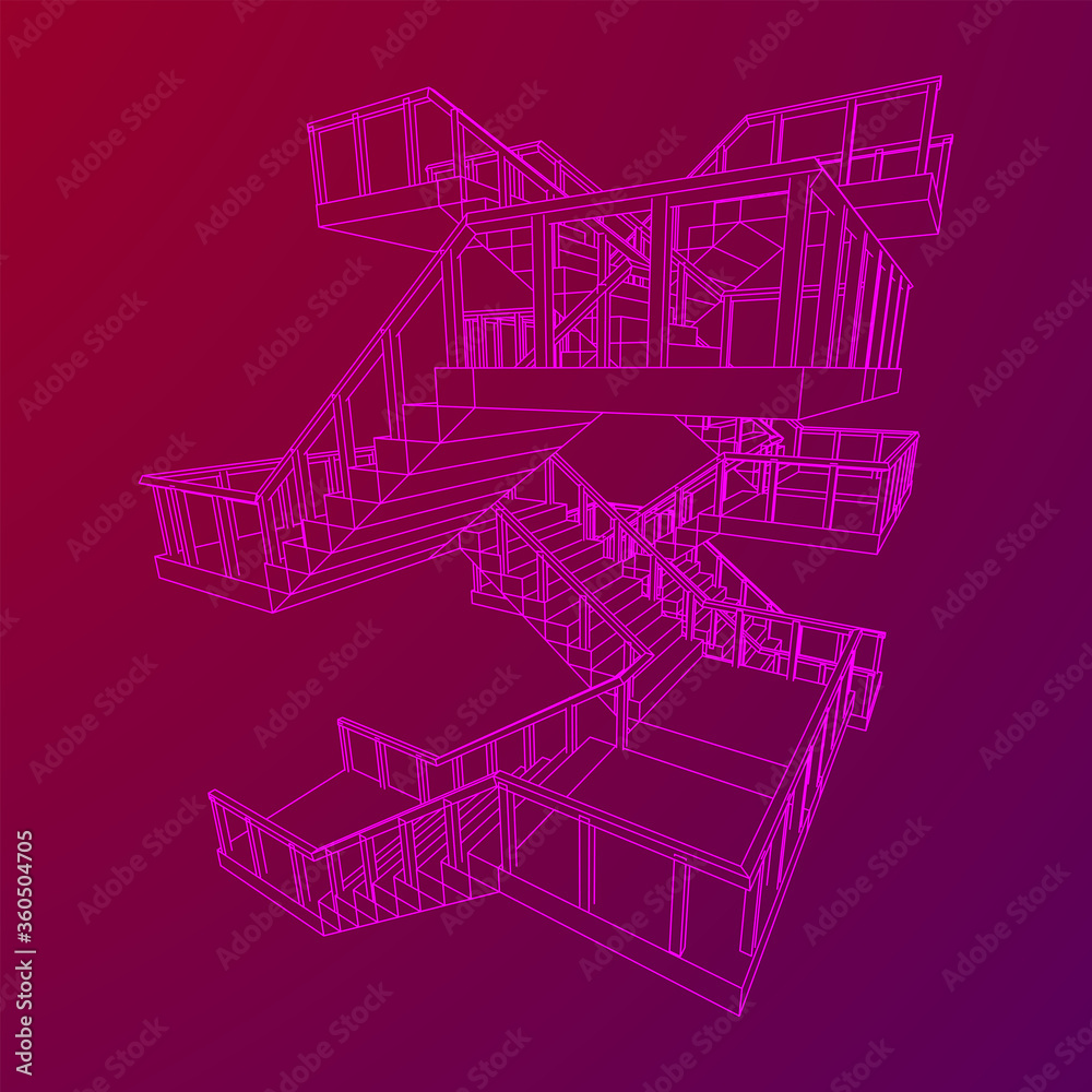 Wireframe stairs, interior staircases steps with railing. Wireframe low poly mesh vector illustration.